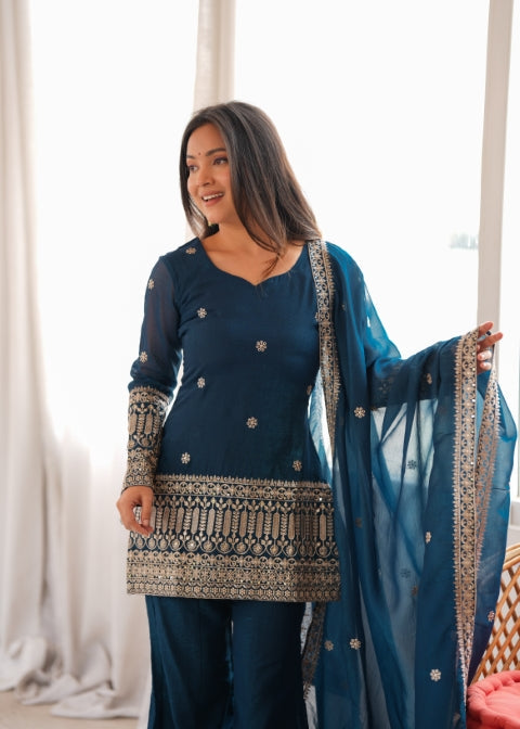 Teal Silk Embroidered Kurta Bell Bottom Set