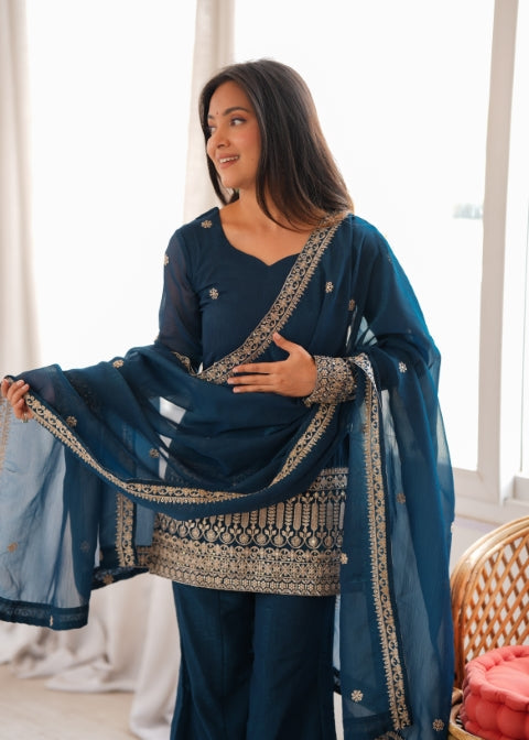 Teal Silk Embroidered Kurta Bell Bottom Set