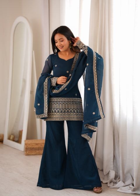 Teal Silk Embroidered Kurta Bell Bottom Set