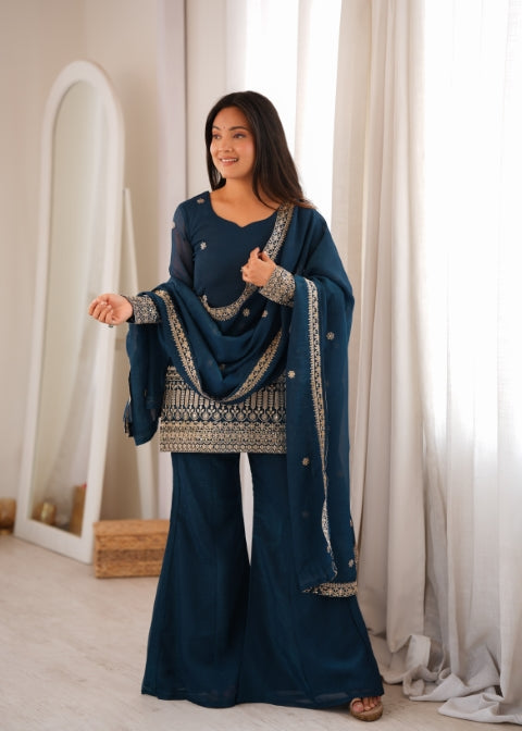 Teal Silk Embroidered Kurta Bell Bottom Set