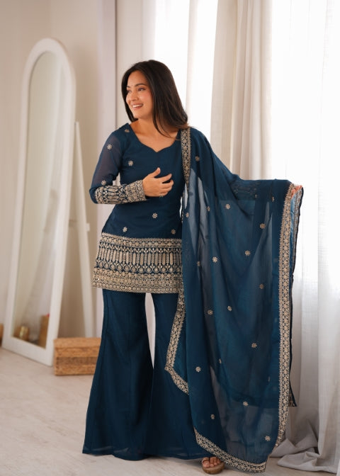 Teal Silk Embroidered Kurta Bell Bottom Set