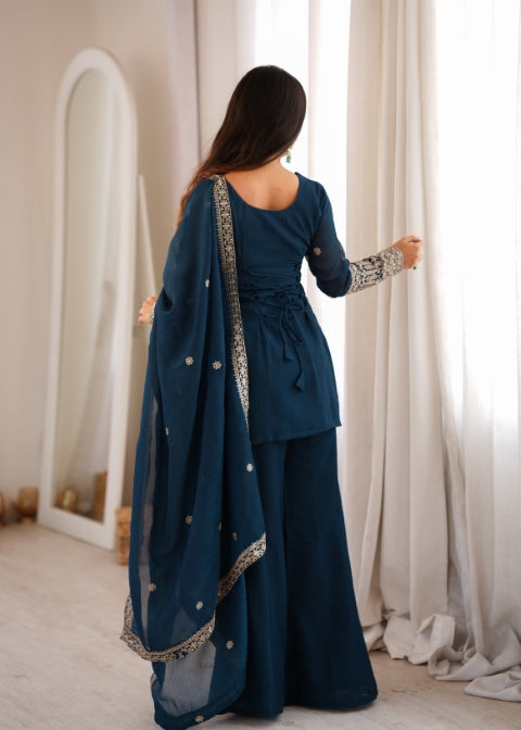 Teal Silk Embroidered Kurta Bell Bottom Set