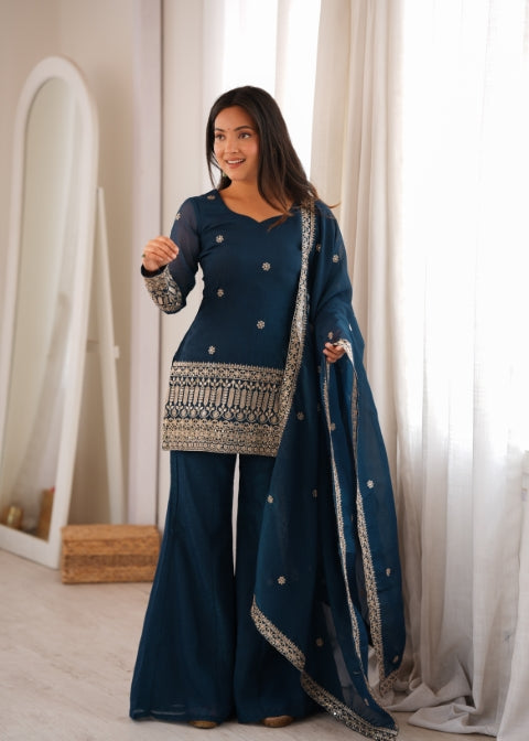 Teal Silk Embroidered Kurta Bell Bottom Set