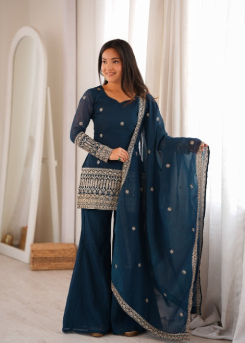 Teal Silk Embroidered Kurta Bell Bottom Set