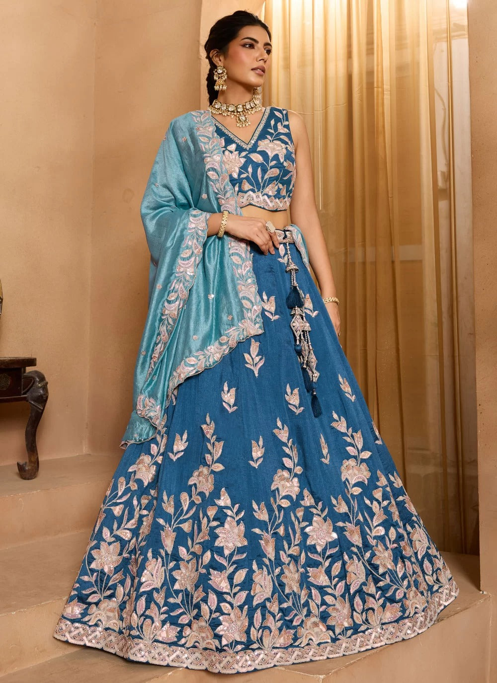 Teal silk embroidered wedding lehenga choli with dupatta for brides parties