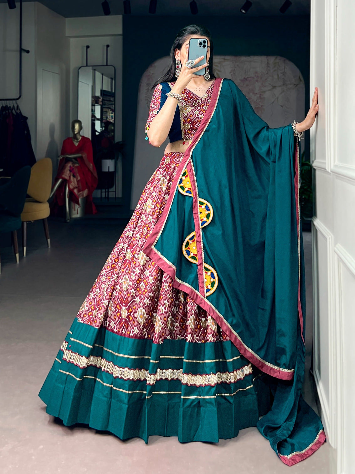 Teal Silk Printed Lehenga Choli Set