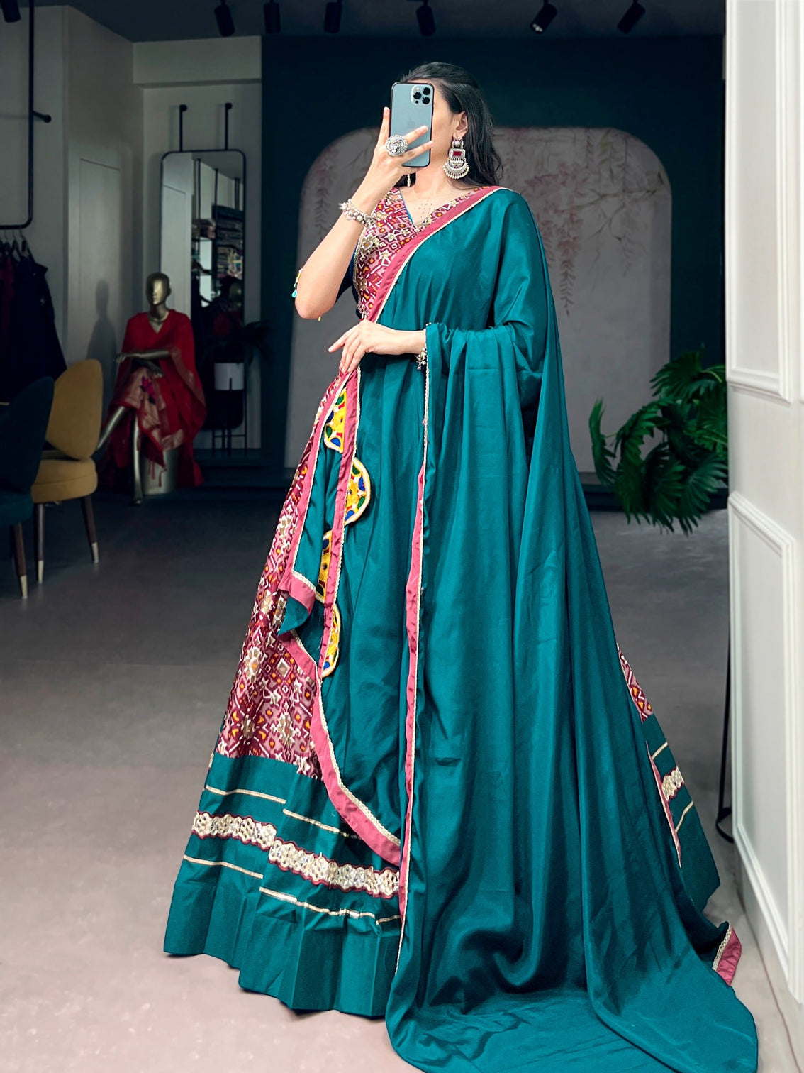 Teal Silk Printed Lehenga Choli Set
