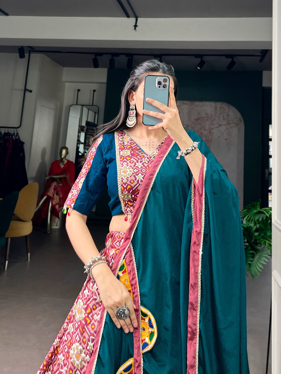Teal Silk Printed Lehenga Choli Set