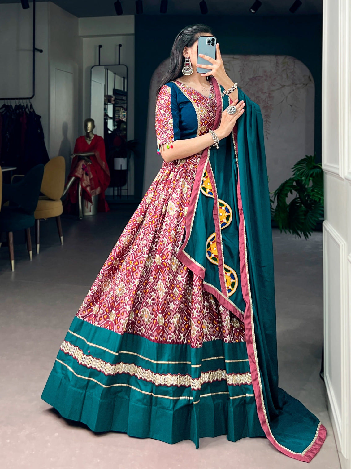 Teal Silk Printed Lehenga Choli Set