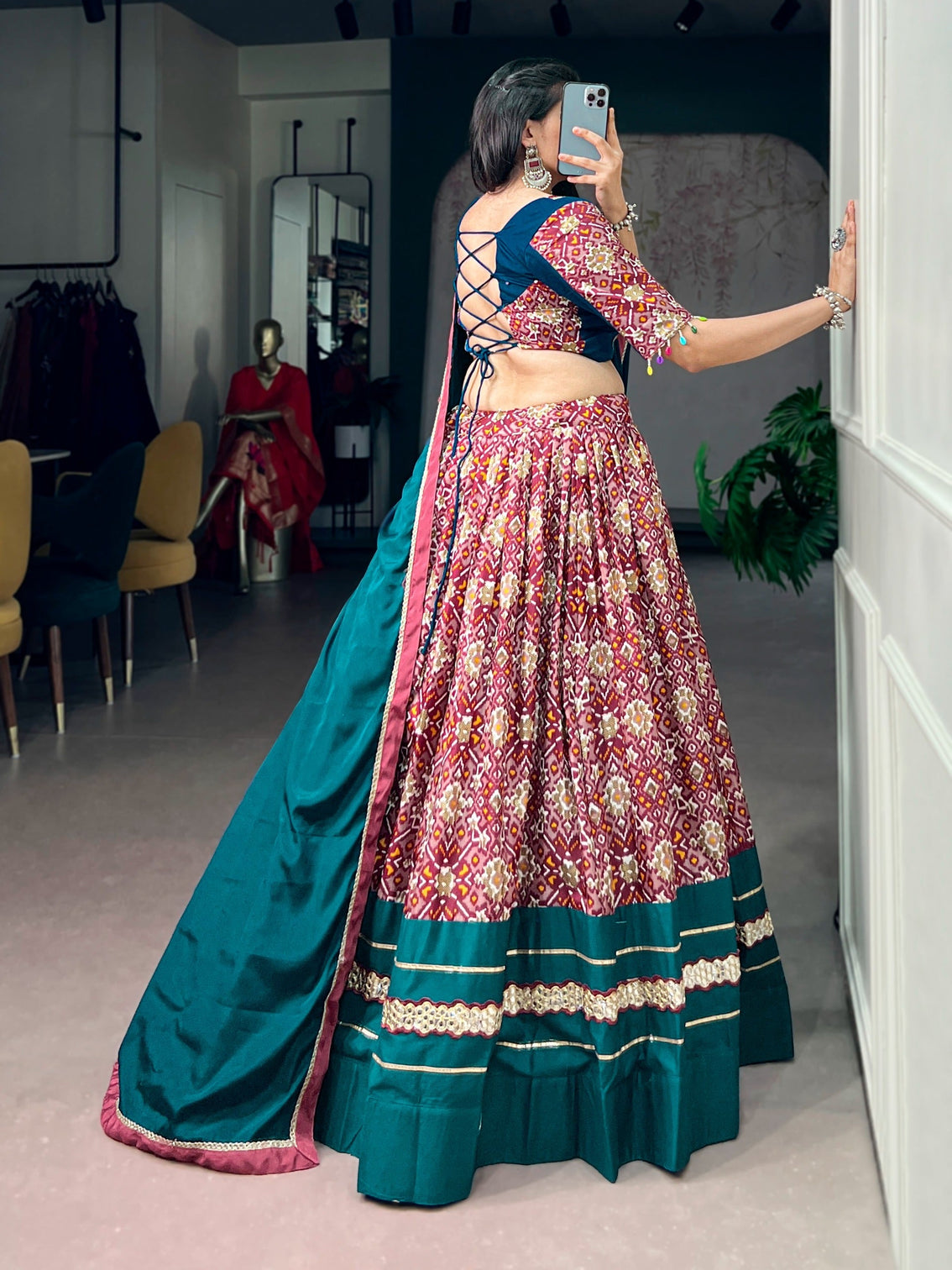 Teal Silk Printed Lehenga Choli Set