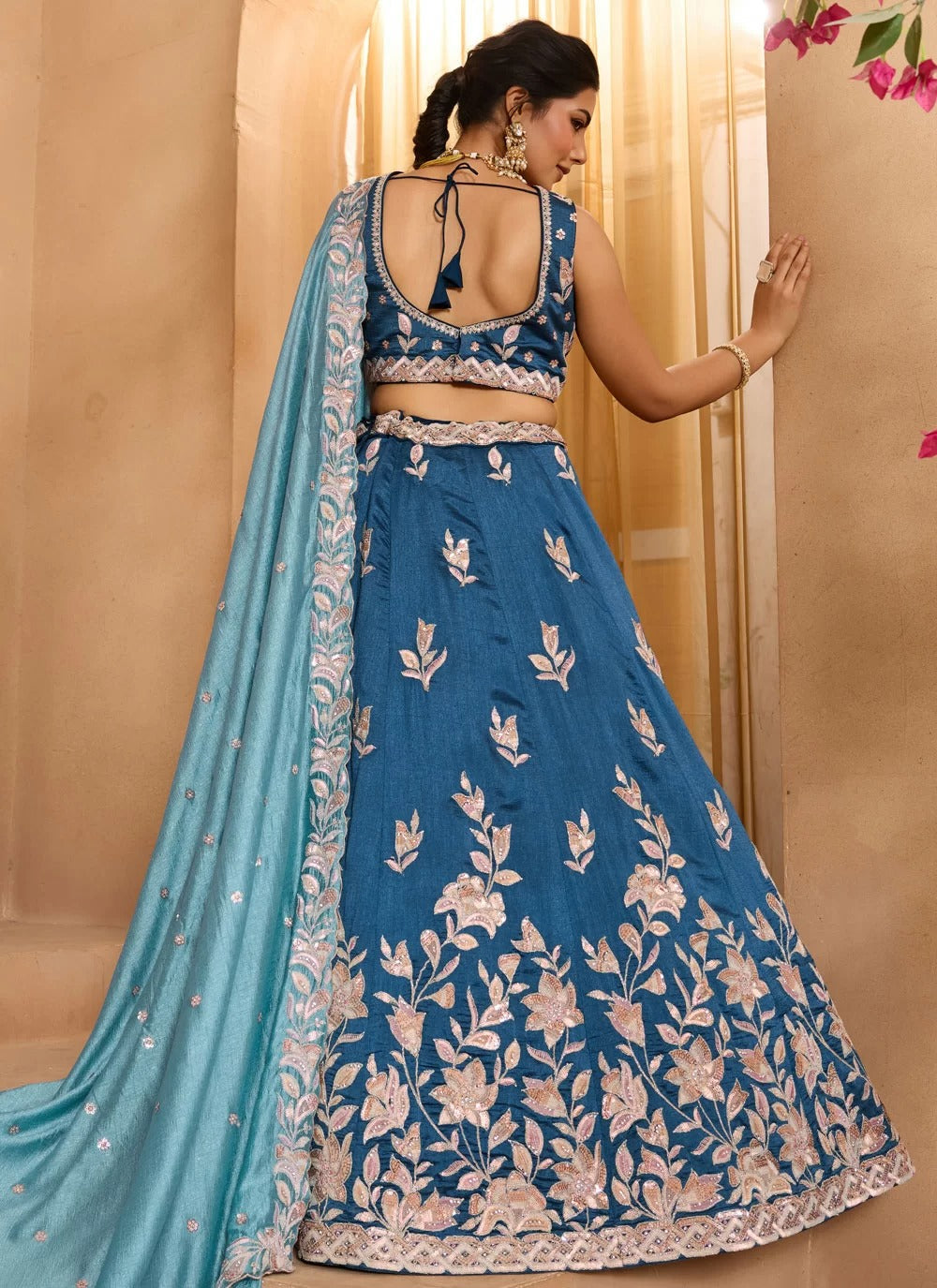 Teal silk embroidered wedding lehenga choli with dupatta for brides parties