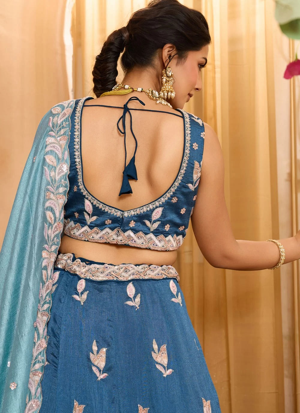 Teal silk embroidered wedding lehenga choli with dupatta for brides parties