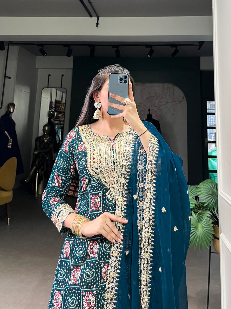 Teal Stylish Rayon Printed Suit Set with Embroidered Organza Dupatta – Stitched Top & Bottom