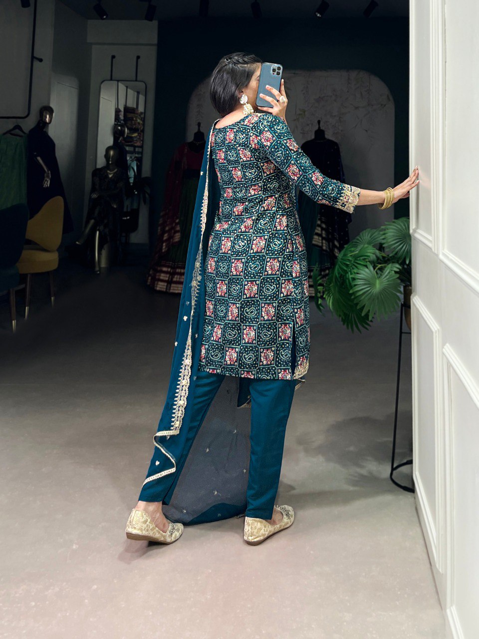 Teal Stylish Rayon Printed Suit Set with Embroidered Organza Dupatta – Stitched Top & Bottom