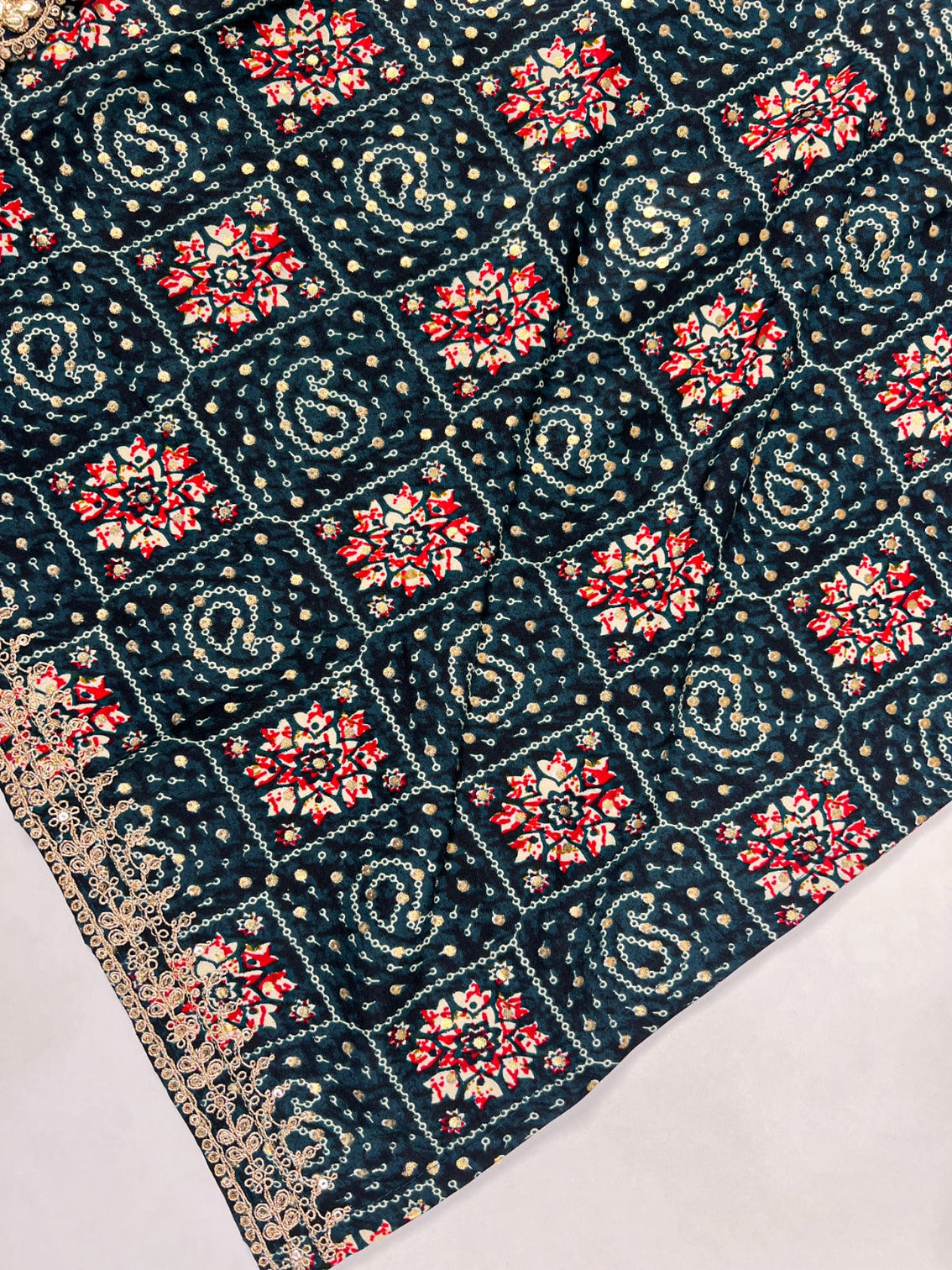 Teal Stylish Rayon Printed Suit Set with Embroidered Organza Dupatta – Stitched Top & Bottom