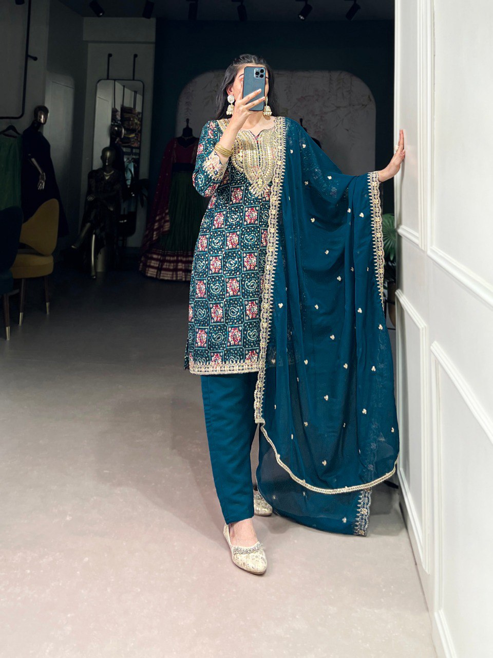 Teal Stylish Rayon Printed Suit Set with Embroidered Organza Dupatta – Stitched Top & Bottom