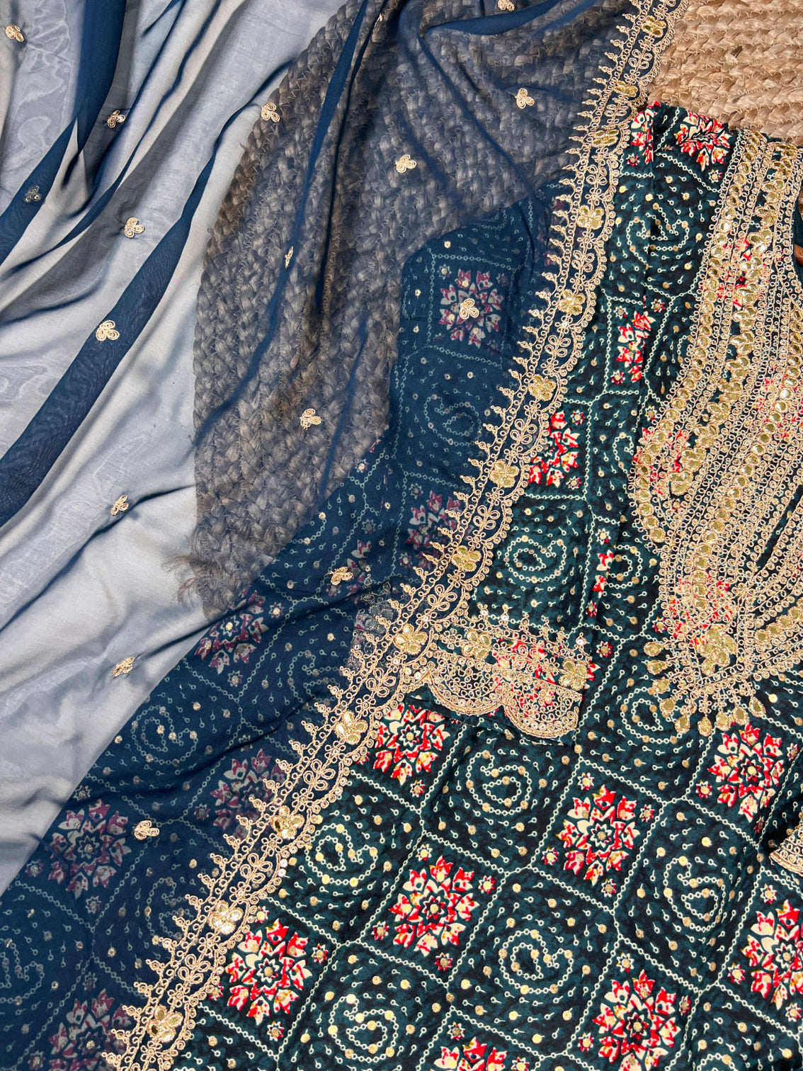 Teal Stylish Rayon Printed Suit Set with Embroidered Organza Dupatta – Stitched Top & Bottom