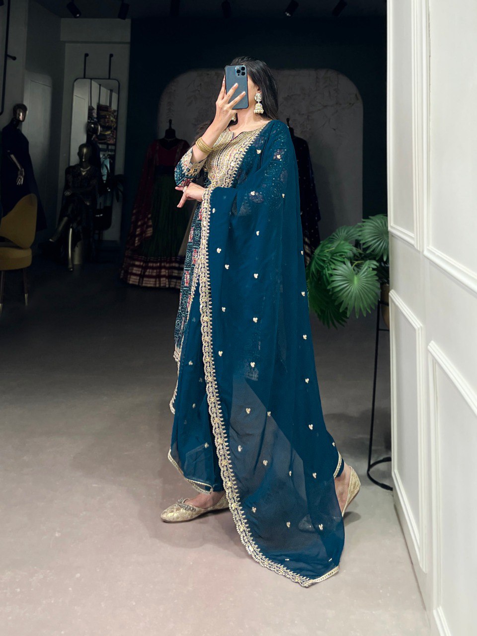 Teal Stylish Rayon Printed Suit Set with Embroidered Organza Dupatta – Stitched Top & Bottom