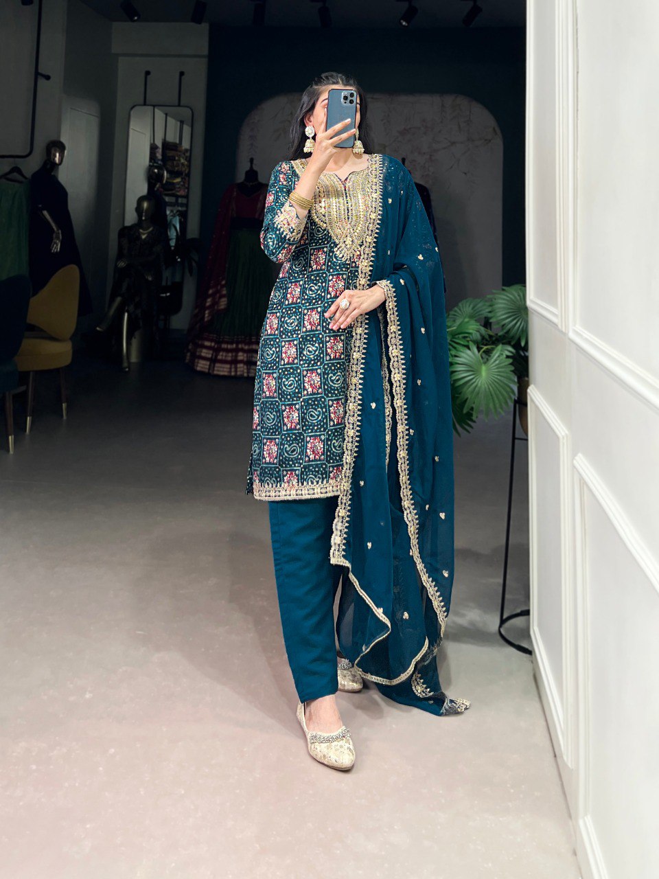 Teal Stylish Rayon Printed Suit Set with Embroidered Organza Dupatta – Stitched Top & Bottom