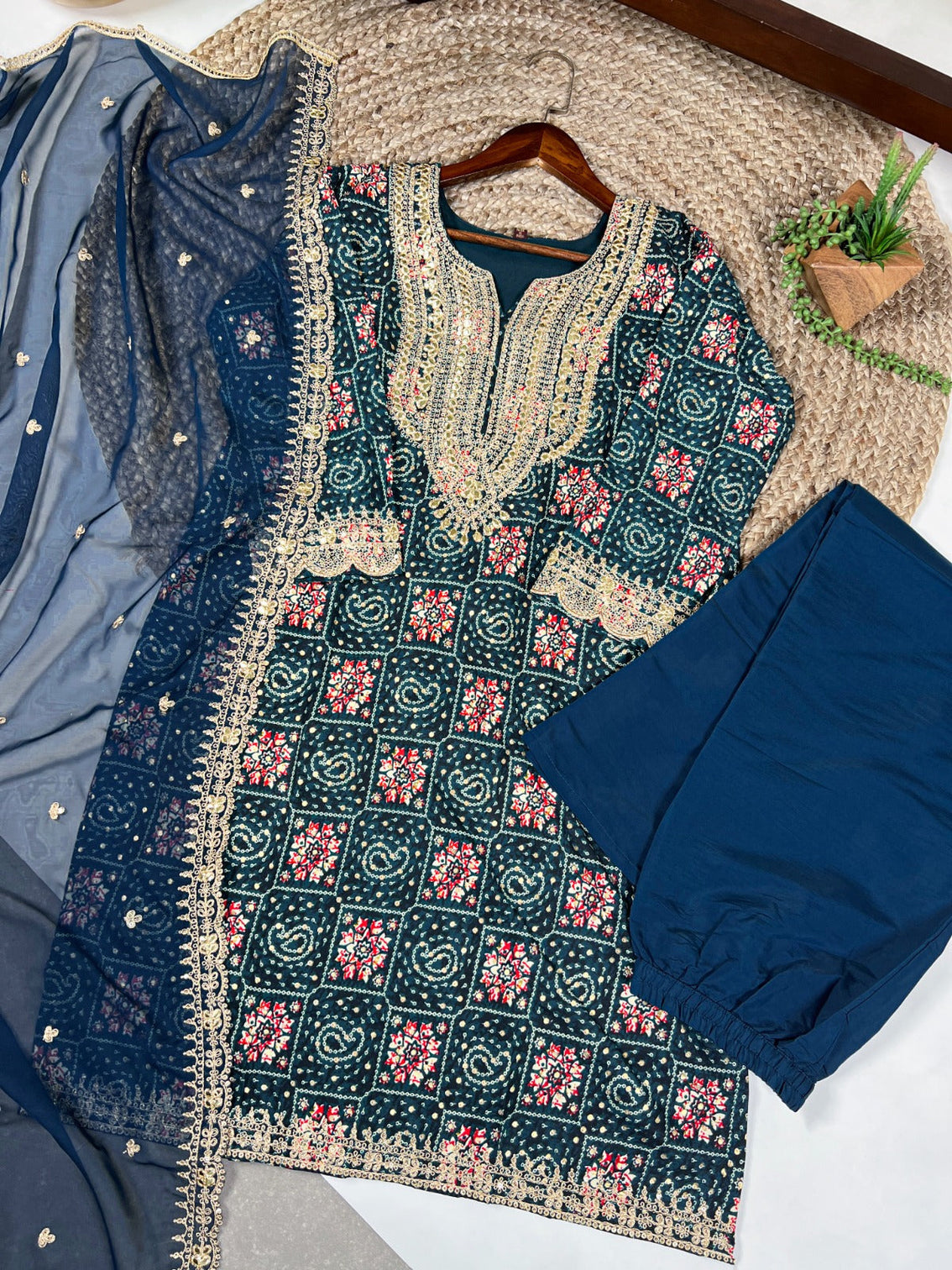 Teal Stylish Rayon Printed Suit Set with Embroidered Organza Dupatta – Stitched Top & Bottom
