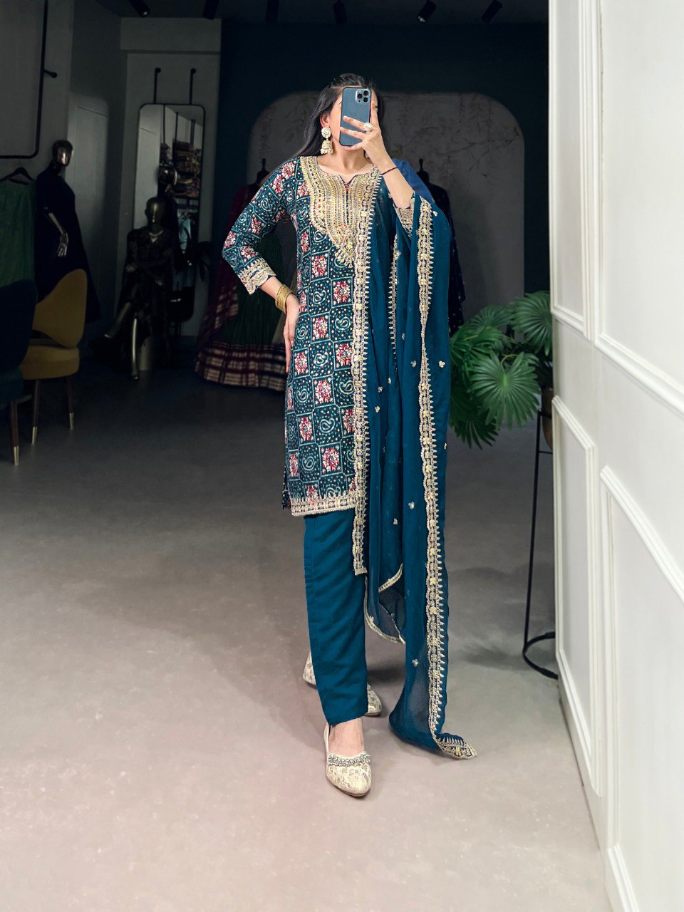 Teal Stylish Rayon Printed Suit Set with Embroidered Organza Dupatta – Stitched Top & Bottom