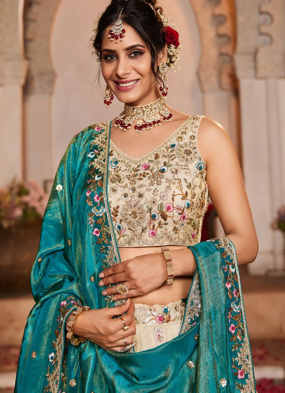 Trendy teal tissue embroidered bridesmaid lehenga choli with dupatta