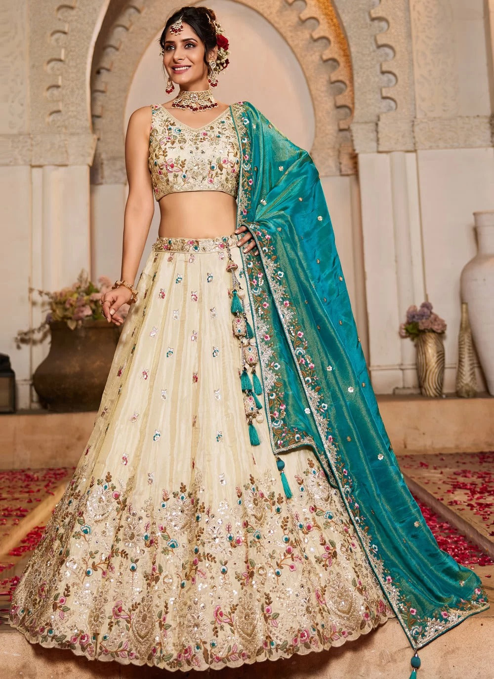 Trendy teal tissue embroidered bridesmaid lehenga choli with dupatta