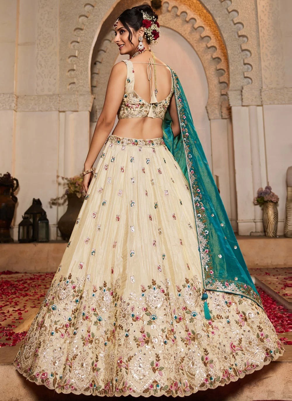 Trendy teal tissue embroidered bridesmaid lehenga choli with dupatta