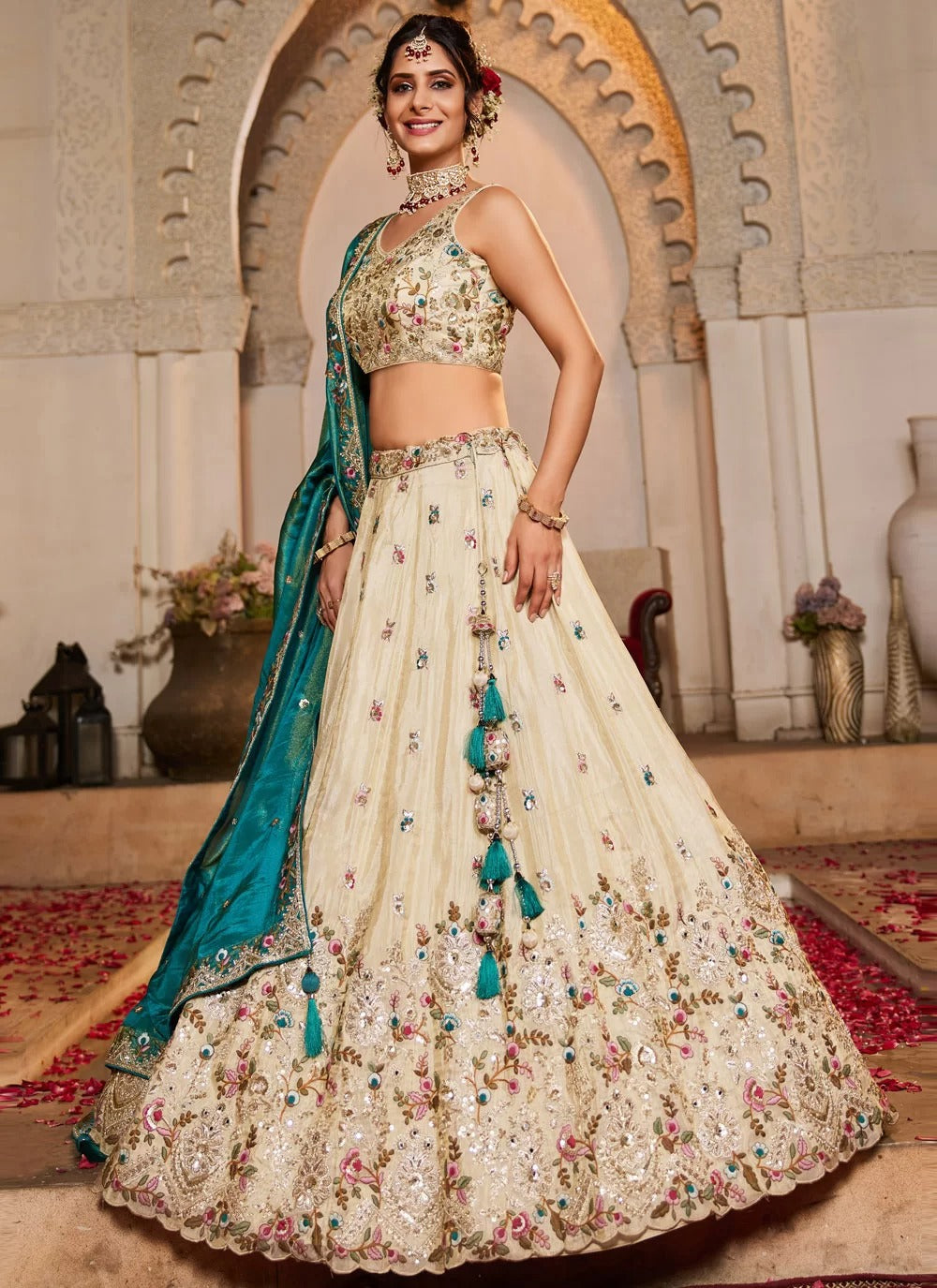 Trendy teal tissue embroidered bridesmaid lehenga choli with dupatta