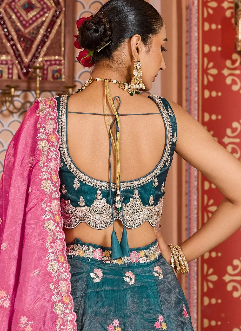Teal tissue bridesmaid lehenga with sequins stone coding embroidery