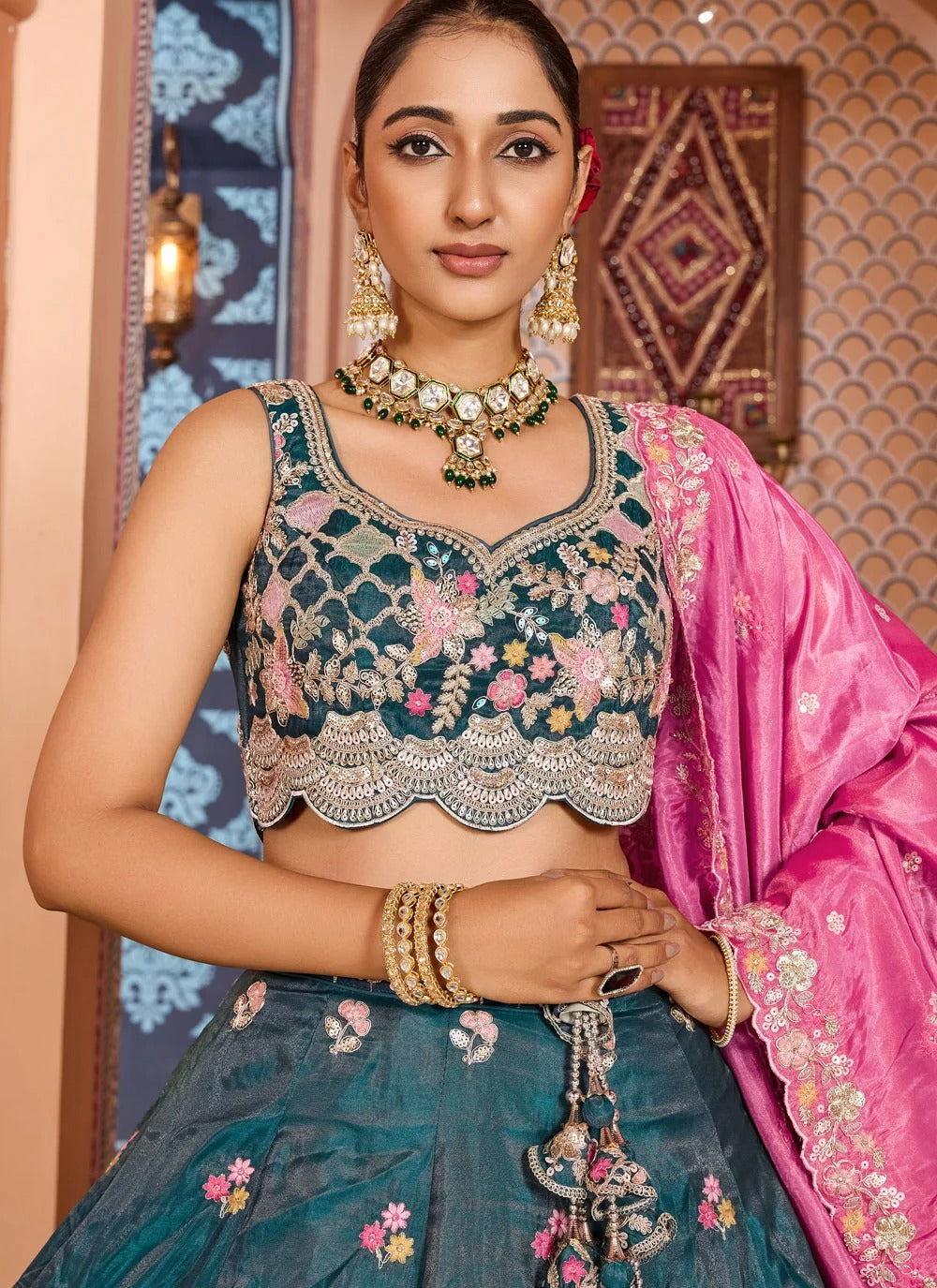 Teal tissue bridesmaid lehenga with sequins stone coding embroidery
