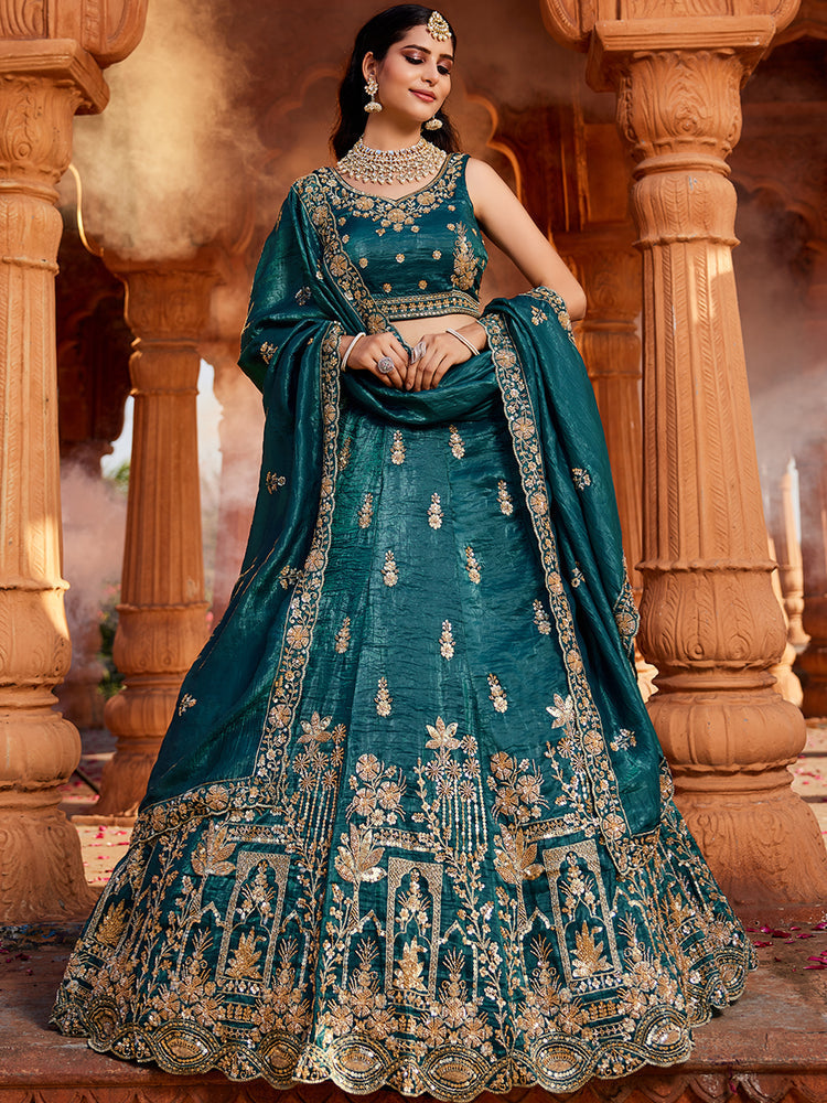 Teal Tissue Semi-Stitched Bridal Lehenga with Heavy Sequin, Moti, and Coding Embroidery Work
