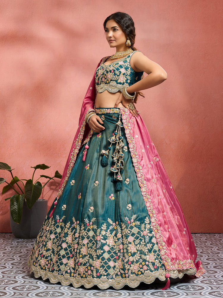 Tissue Sequins Embroidered Semi-Stitched Lehenga & Unstitched Blouse With Dupatta