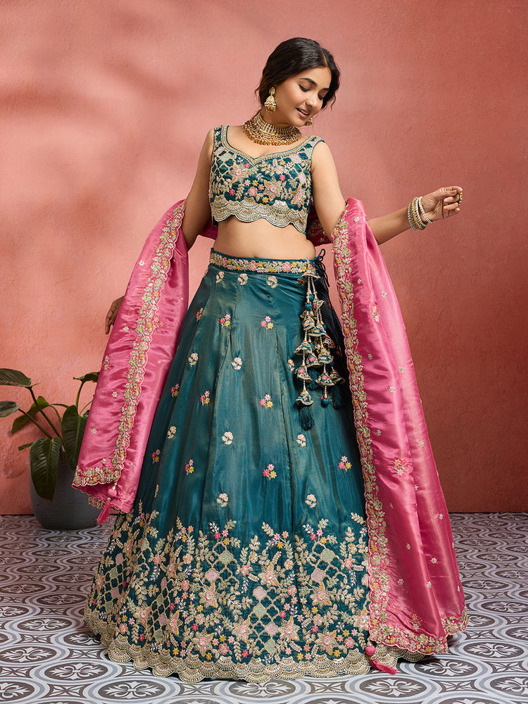 Tissue Sequins Embroidered Semi-Stitched Lehenga & Unstitched Blouse With Dupatta