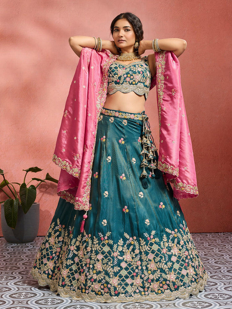 Tissue Sequins Embroidered Semi-Stitched Lehenga & Unstitched Blouse With Dupatta