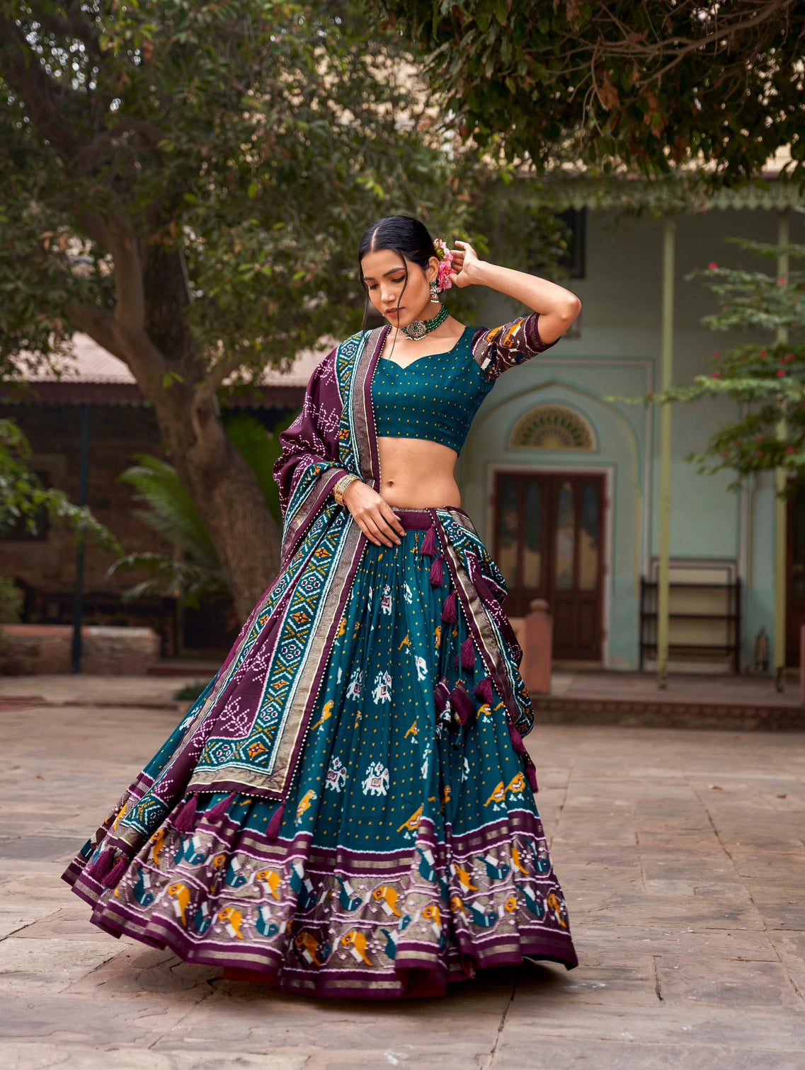 Teal Tussar Silk Lehenga Choli with Enchanting Ikat Patola Print and Foil Work