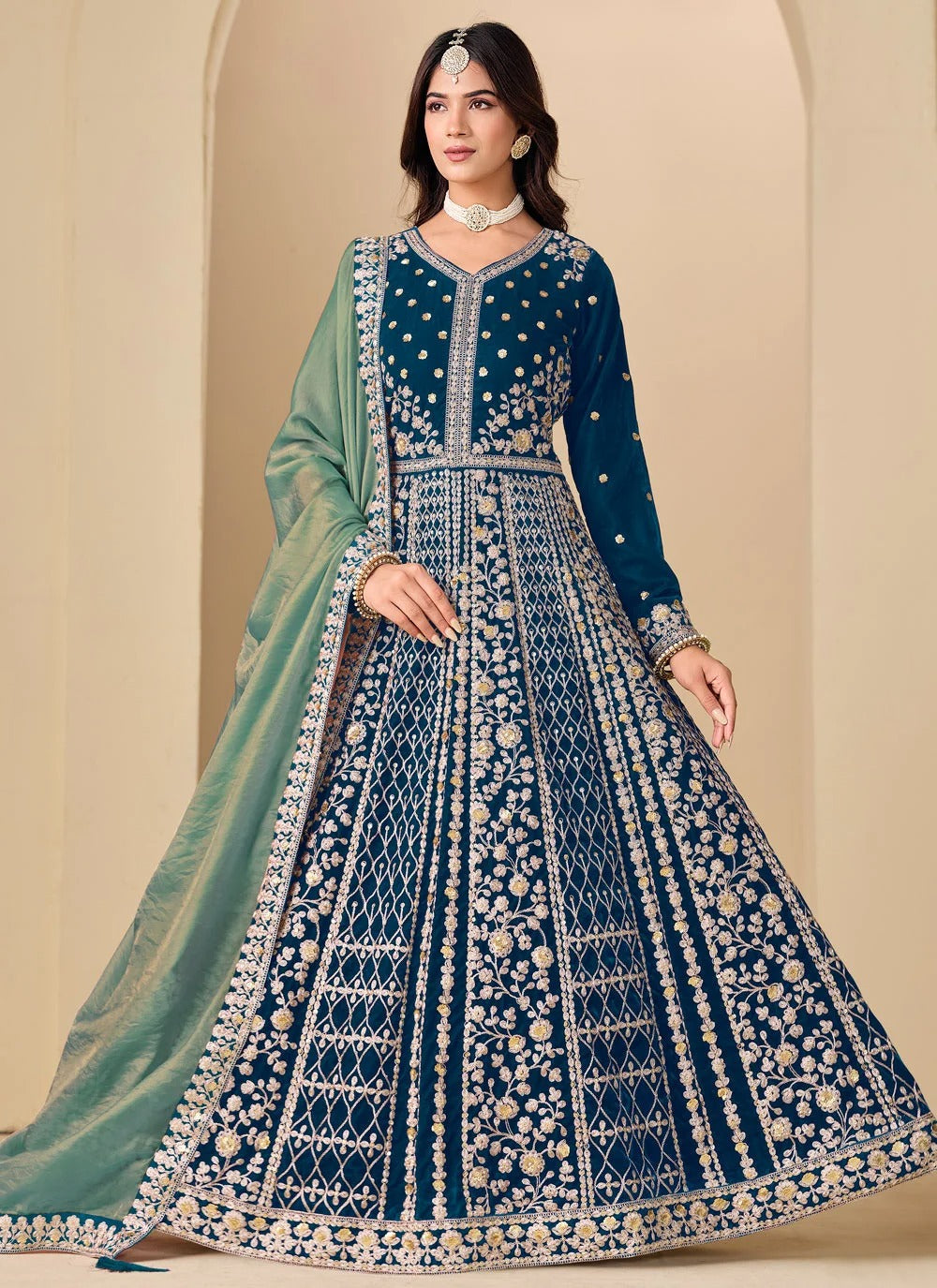 Teal velvet abaya style anarkali suit with embroidery work silk dupatta
