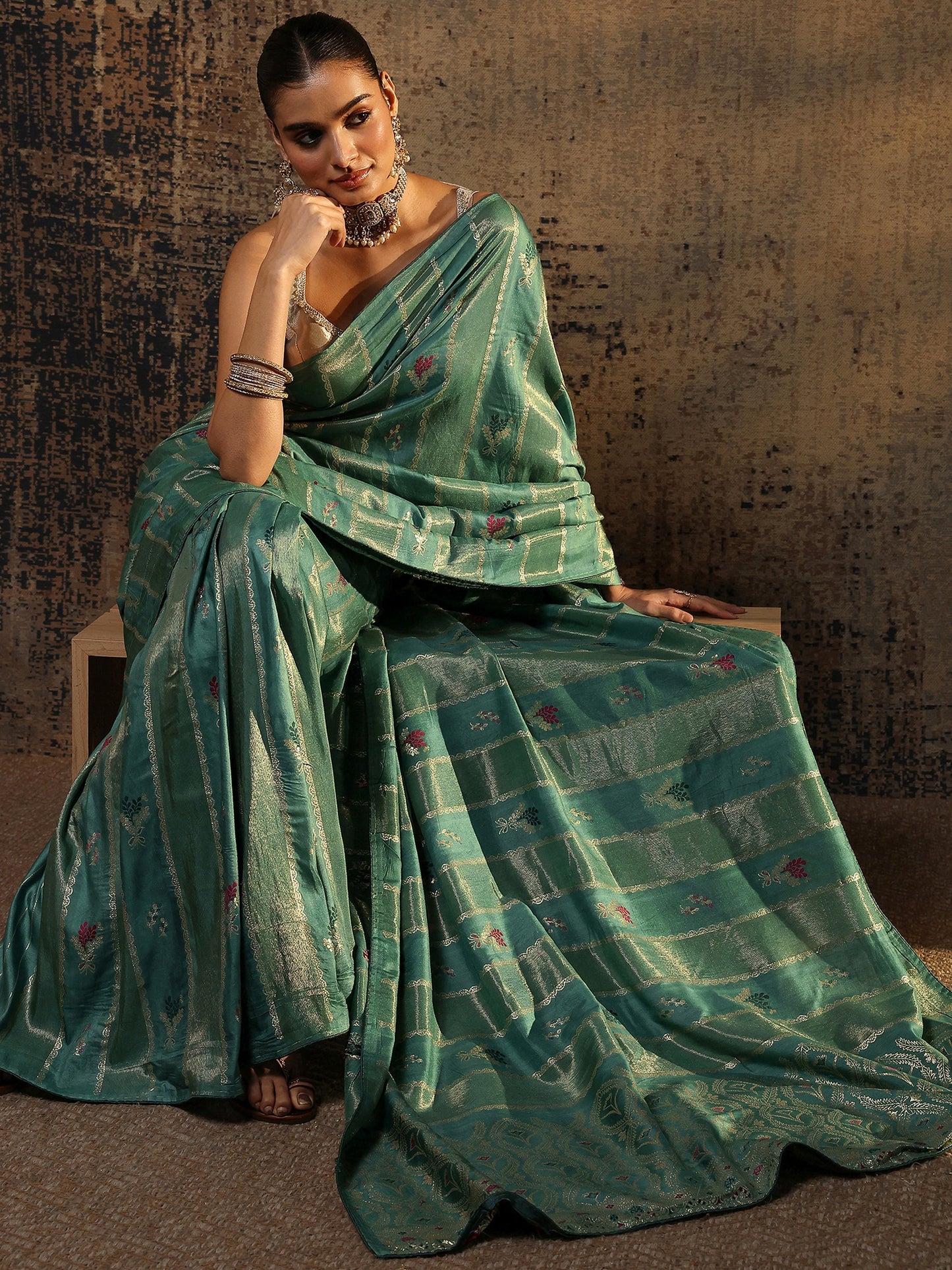 Libas Teal Woven Design Silk Blend Saree With Unstitched Blouse Piece