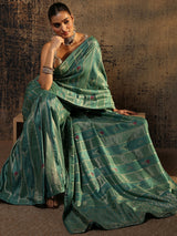 Libas Teal Woven Design Silk Blend Saree With Unstitched Blouse Piece