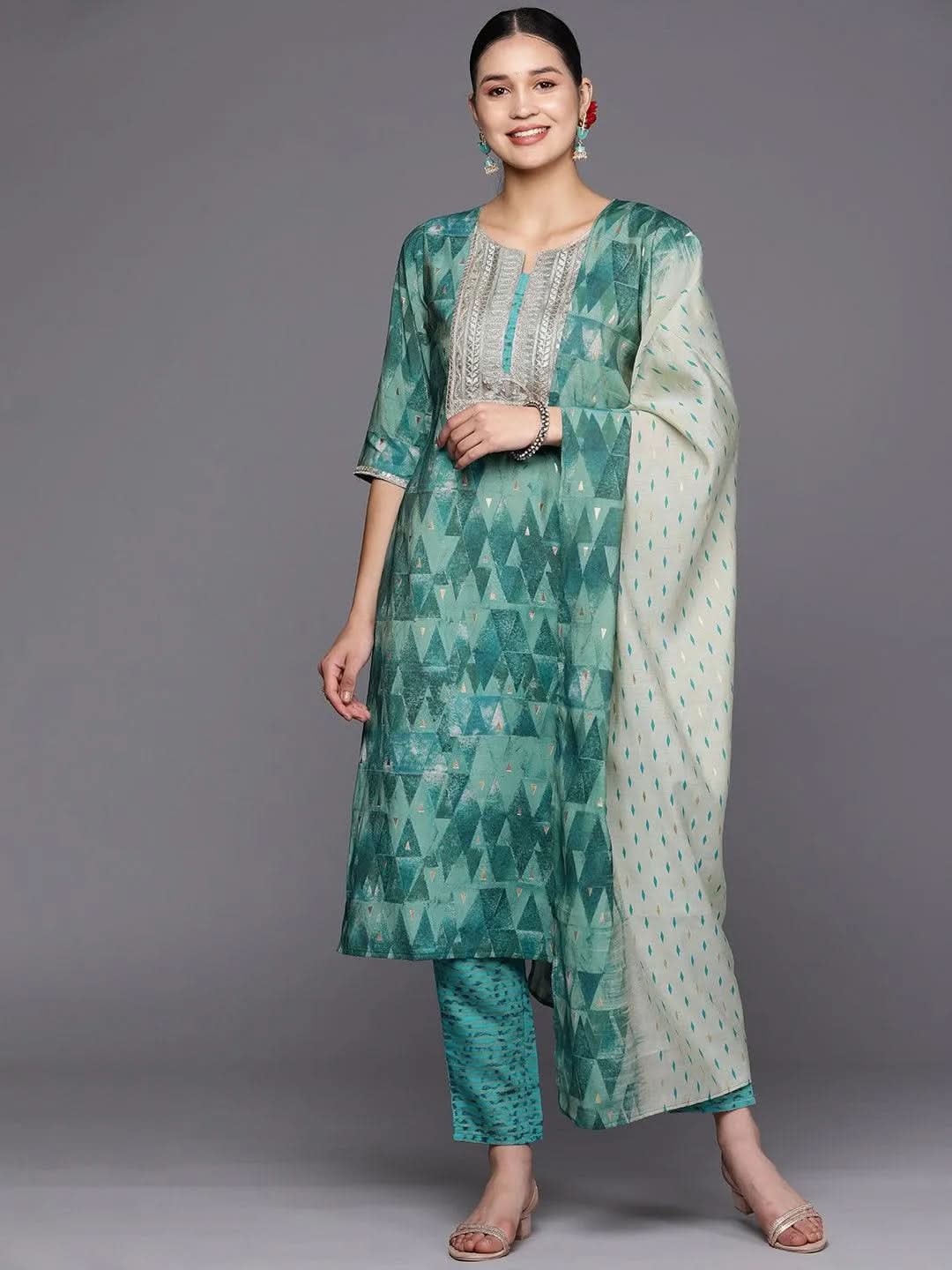 Mameraa Teal Yoke Design Silk Blend Straight Kurta With Trousers & Dupatta