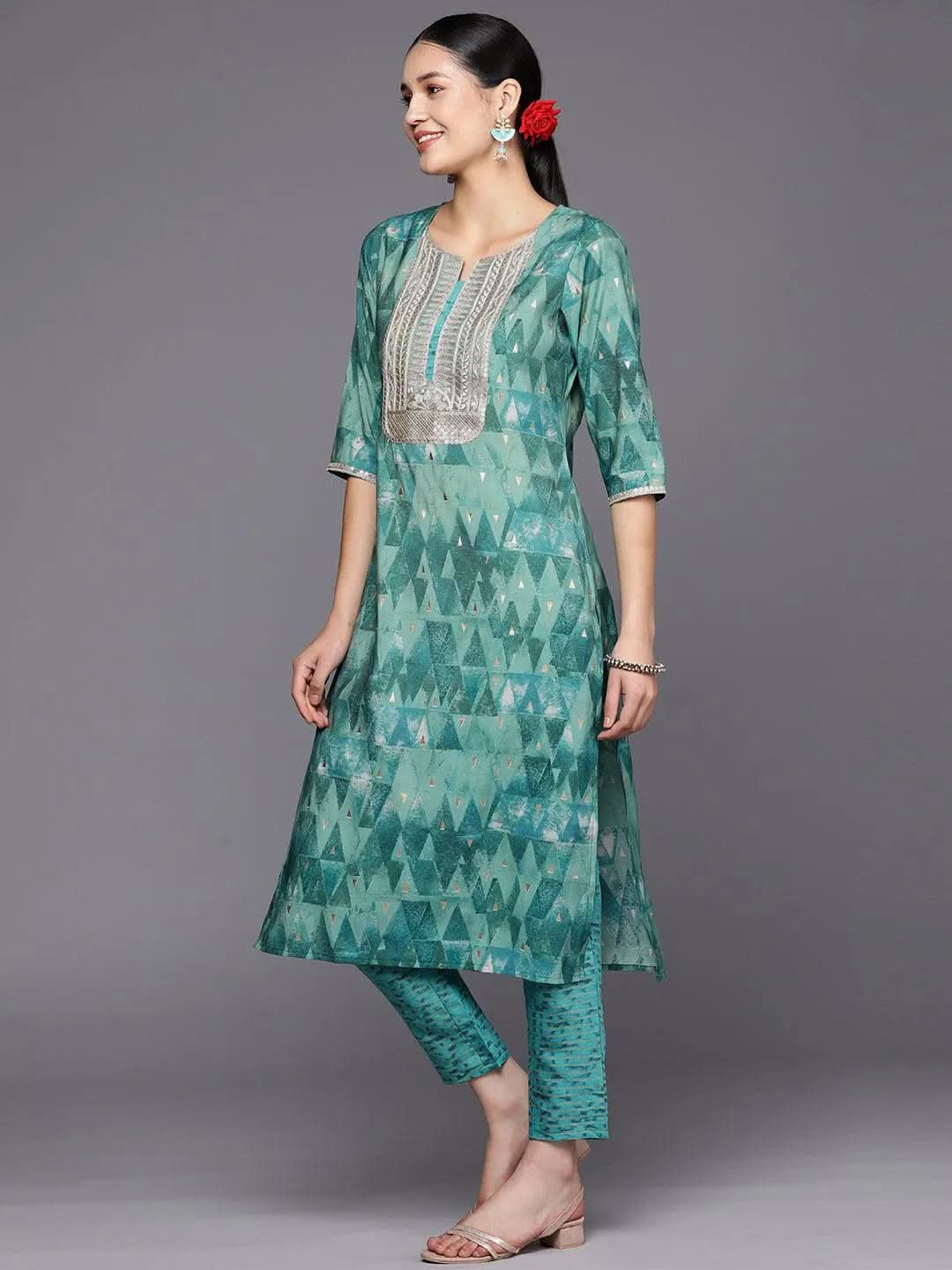 Mameraa Teal Yoke Design Silk Blend Straight Kurta With Trousers & Dupatta