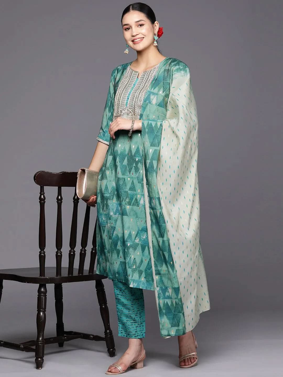 Mameraa Teal Yoke Design Silk Blend Straight Kurta With Trousers & Dupatta