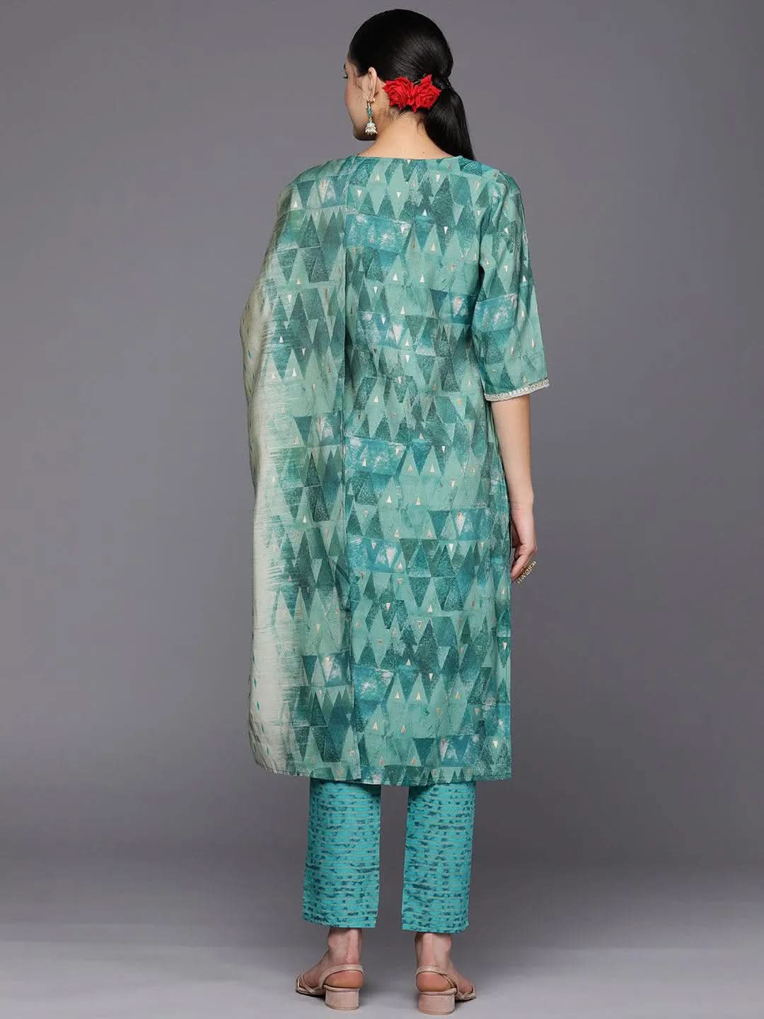 Mameraa Teal Yoke Design Silk Blend Straight Kurta With Trousers & Dupatta