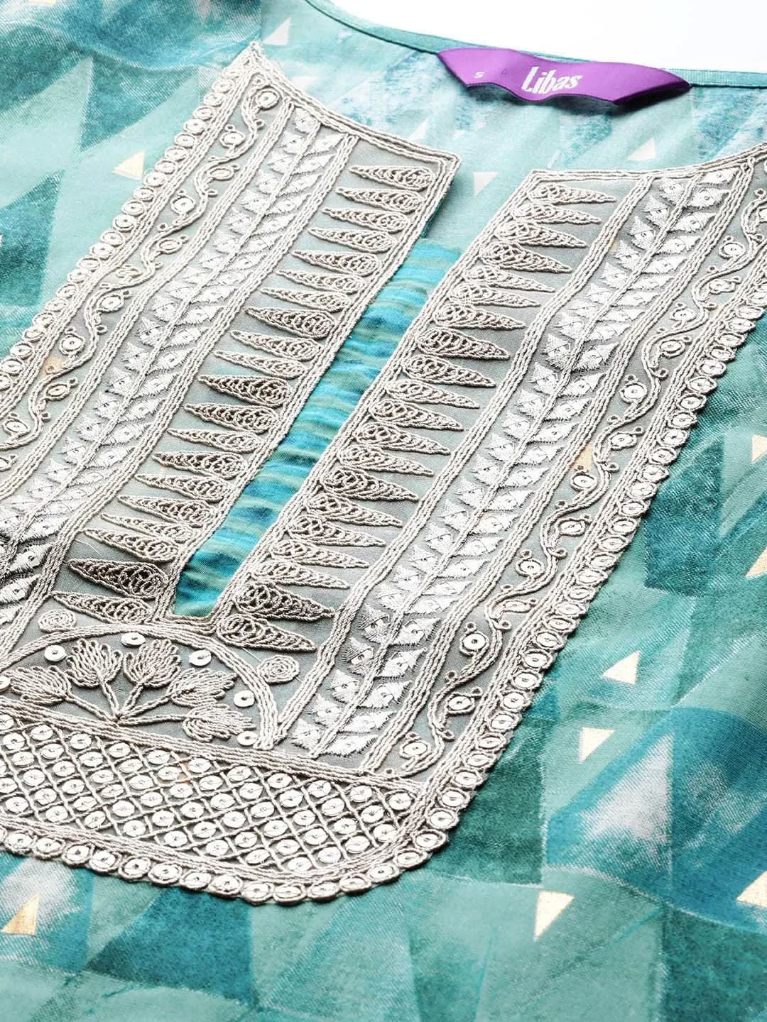 Mameraa Teal Yoke Design Silk Blend Straight Kurta With Trousers & Dupatta