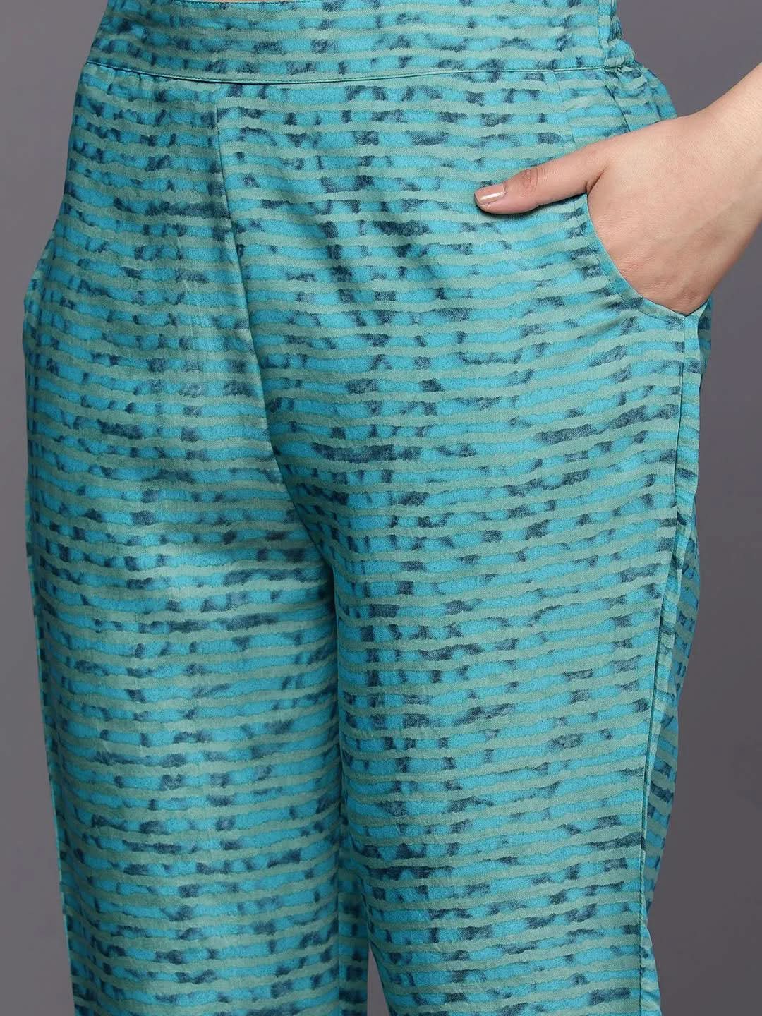 Mameraa Teal Yoke Design Silk Blend Straight Kurta With Trousers & Dupatta