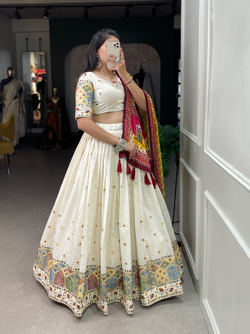 Temple Design Sequins And Thread Embroidery Work Khadi Cotton Wedding Wear Lehenga Choli