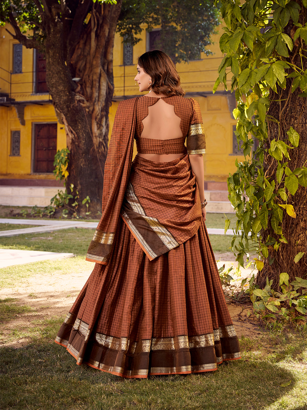 Rust orange color chex with zari weaving work chettinad cotton lehenga choli