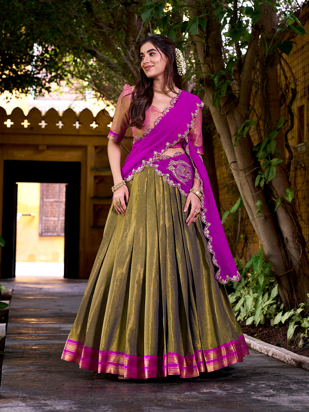 Pink color sequince and thread embroidery work kanchipuram lehenga choli