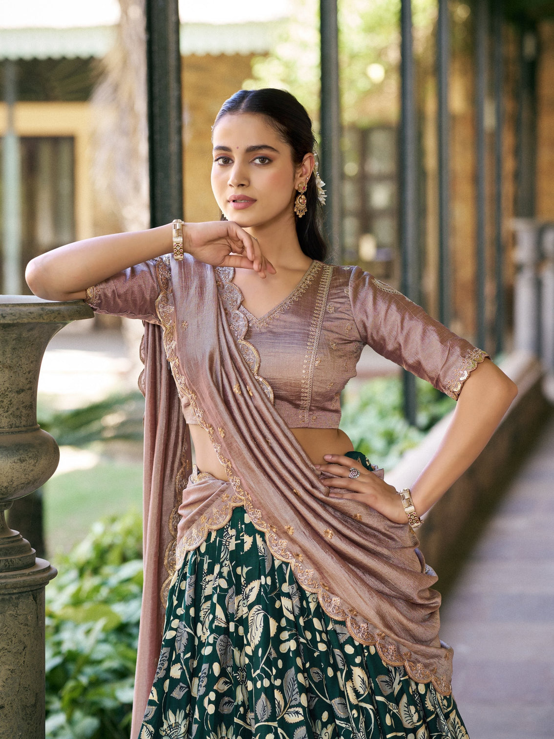 Forest green color kalamkari lehenga