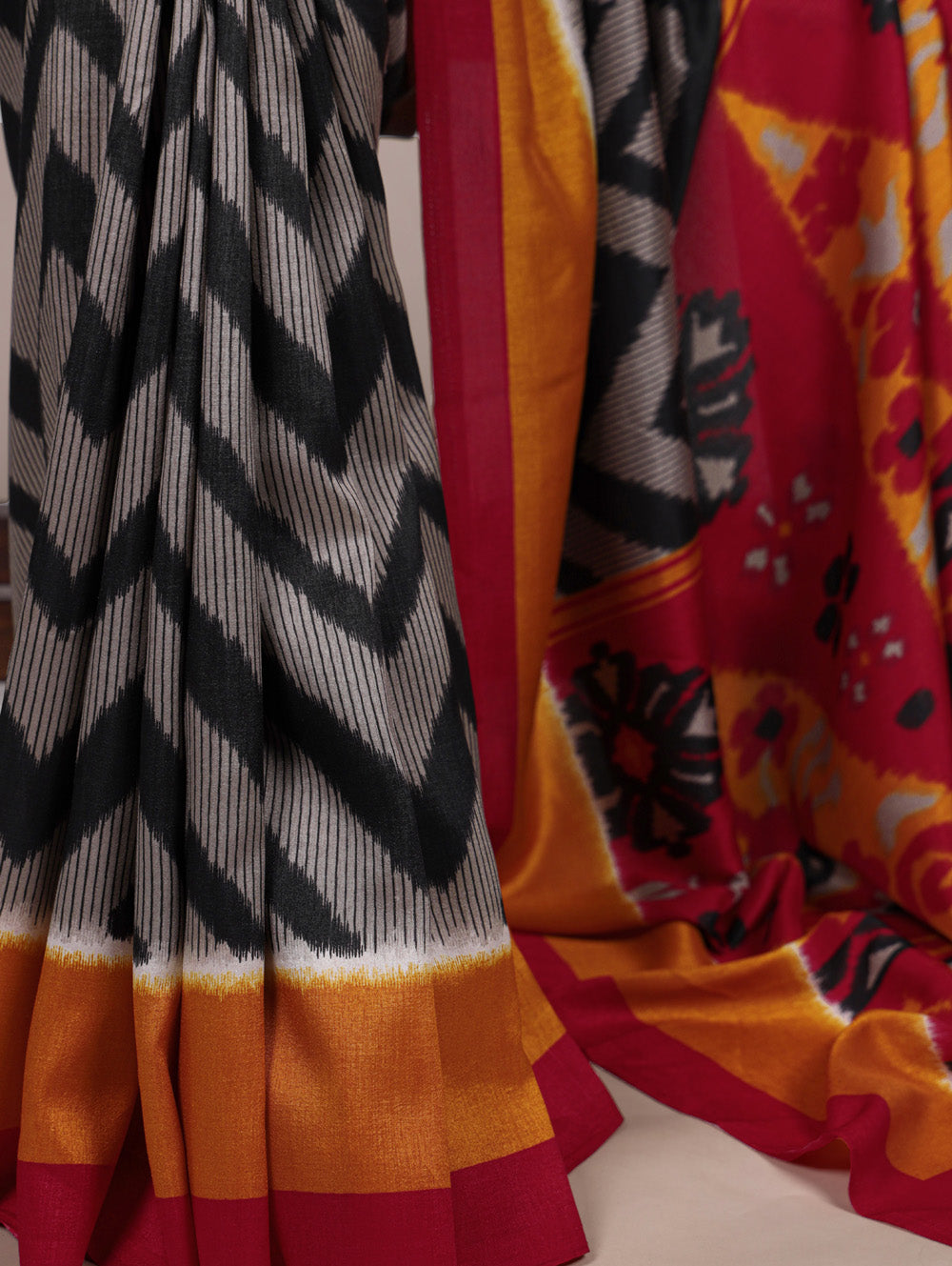 Black printed tasar silk saree with matching blouse